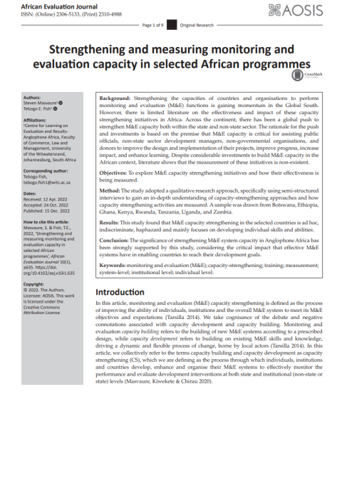 Strengthening and measuring monitoring and evaluation capacity in selected African programmes